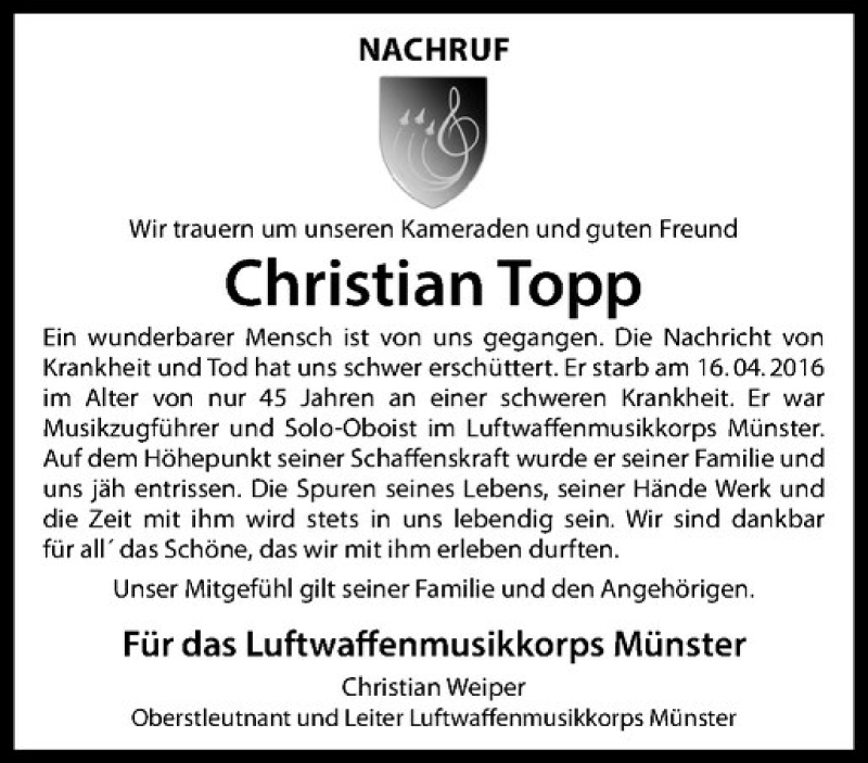  Traueranzeige für Christian Topp vom 20.04.2016 aus Westfälische Nachrichten