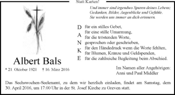 Anzeige von Albert Bals von Westfälische Nachrichten