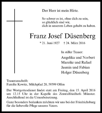 Anzeige von Franz Josef Düsenberg von Westfälische Nachrichten