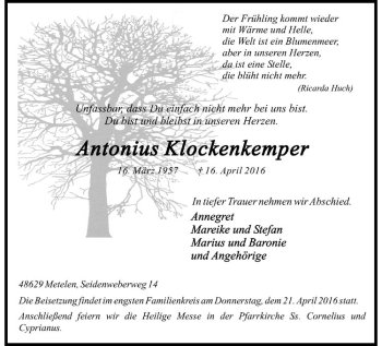 Anzeige von Antonius Klockenkemper von Westfälische Nachrichten