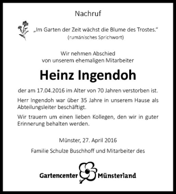 Anzeige von Heinz Ingendoh von Westfälische Nachrichten