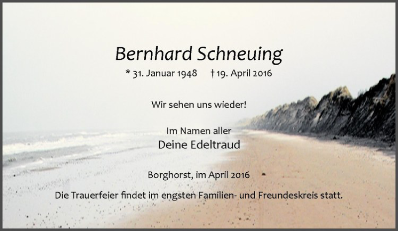  Traueranzeige für Bernhard Schneuing vom 21.04.2016 aus Westfälische Nachrichten