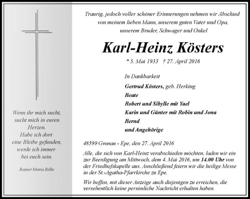  Traueranzeige für Karl-Heinz Kösters vom 29.04.2016 aus Westfälische Nachrichten
