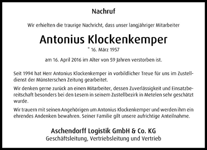  Traueranzeige für Antonius Klockenkemper vom 23.04.2016 aus Westfälische Nachrichten
