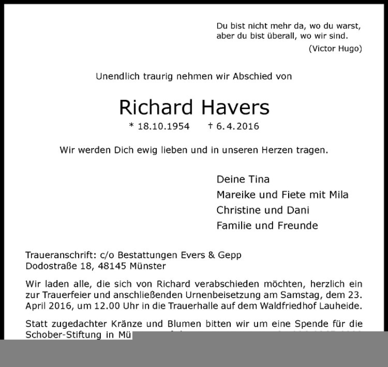 Traueranzeige für Richard Havers vom 12.04.2016 aus Westfälische Nachrichten