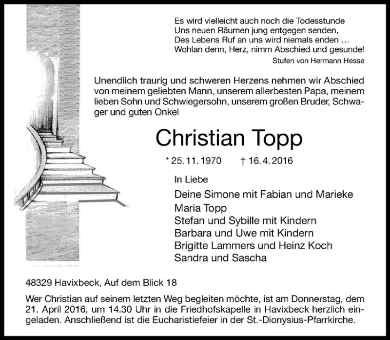  Traueranzeige für Christian Topp vom 19.04.2016 aus Westfälische Nachrichten