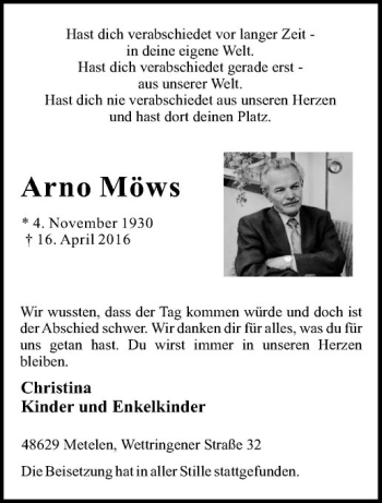 Anzeige von Arno Möws von Westfälische Nachrichten