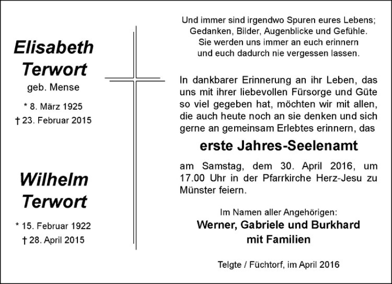  Traueranzeige für Elisabeth Terwort vom 23.04.2016 aus Westfälische Nachrichten