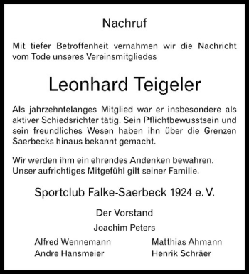 Anzeige von Leonhard Teigeler von Westfälische Nachrichten