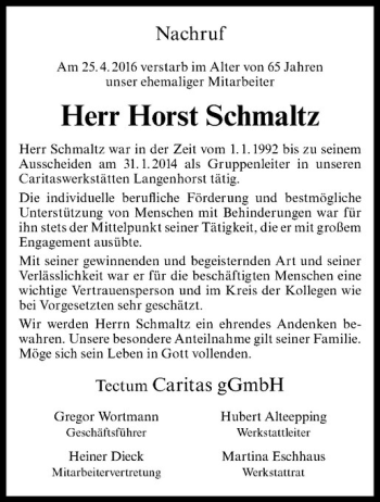 Anzeige von Horst Schmaltz von Westfälische Nachrichten