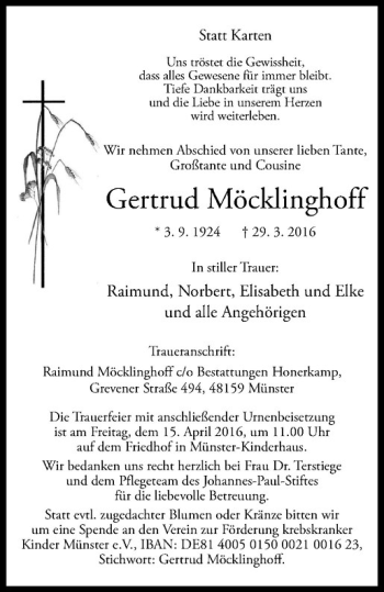 Anzeige von Gertrud Möcklinghoff von Westfälische Nachrichten