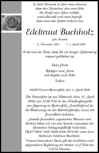 Anzeige von Edeltraut Buchholz von Westfälische Nachrichten