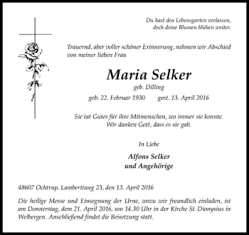 Anzeige von Maria Selker von Westfälische Nachrichten