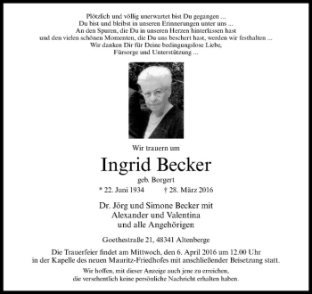 Anzeige von Ingrid Becker von Westfälische Nachrichten