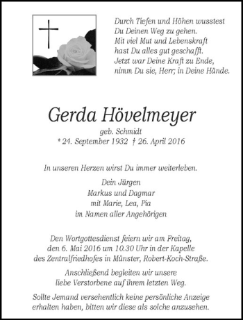 Anzeige von Gerda Hövelmeyer von Westfälische Nachrichten