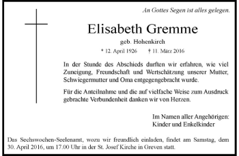 Anzeige von Elisabeth Gremme von Westfälische Nachrichten