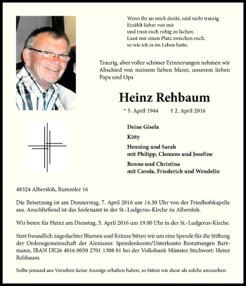 Anzeige von Heinz Rehbaum von Westfälische Nachrichten