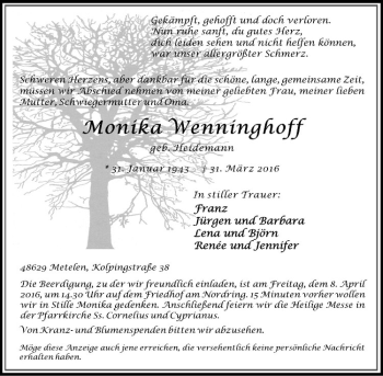 Anzeige von Monika Wenninghoff von Westfälische Nachrichten