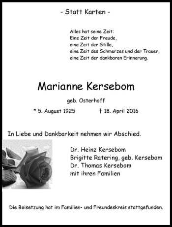 Anzeige von Marianne Kersebom von Westfälische Nachrichten