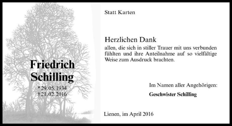  Traueranzeige für Friedrich Schilling vom 09.04.2016 aus Westfälische Nachrichten