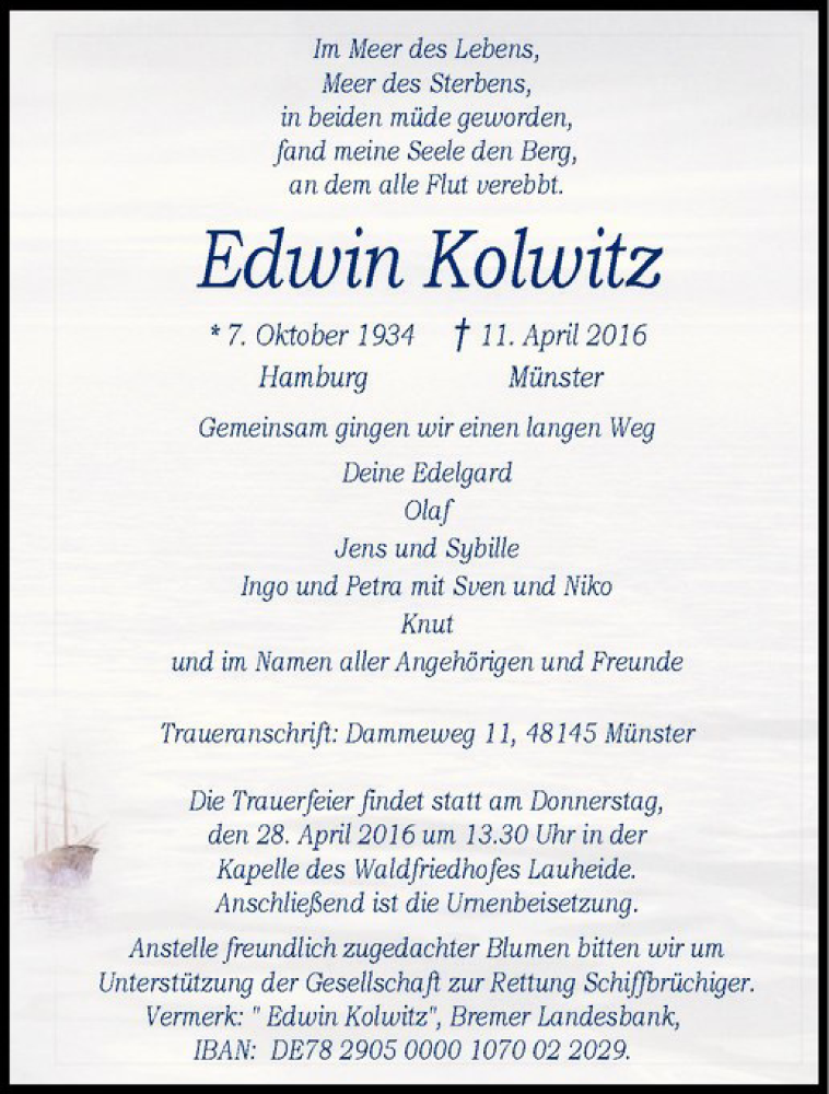  Traueranzeige für Edwin Kolwitz vom 23.04.2016 aus Westfälische Nachrichten