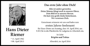 Anzeige von Hans Dieter Riemer von Westfälische Nachrichten