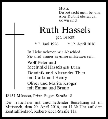 Anzeige von Ruth Hassels von Westfälische Nachrichten