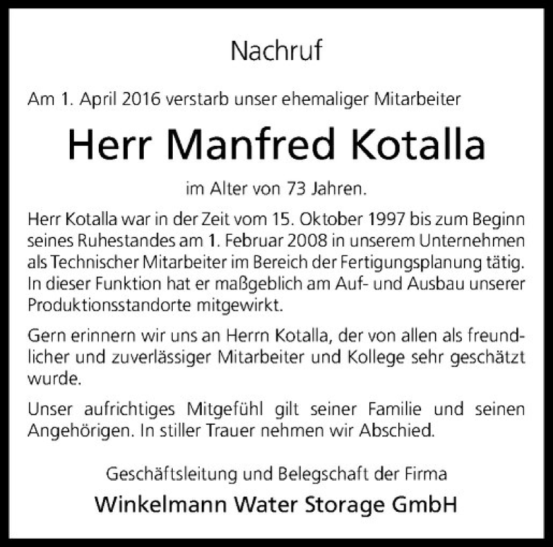  Traueranzeige für Manfred Kotalla vom 07.04.2016 aus Westfälische Nachrichten