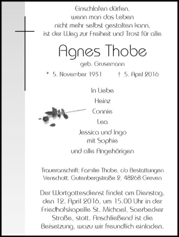 Anzeige von Agnes Thobe von Westfälische Nachrichten