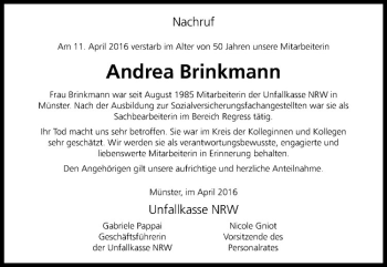 Anzeige von Andrea Brinkmann von Westfälische Nachrichten