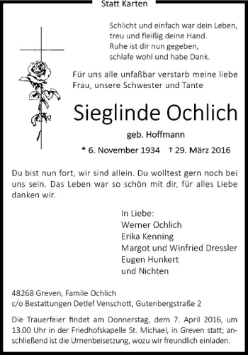 Anzeige von Sieglinde Ochlich von Westfälische Nachrichten