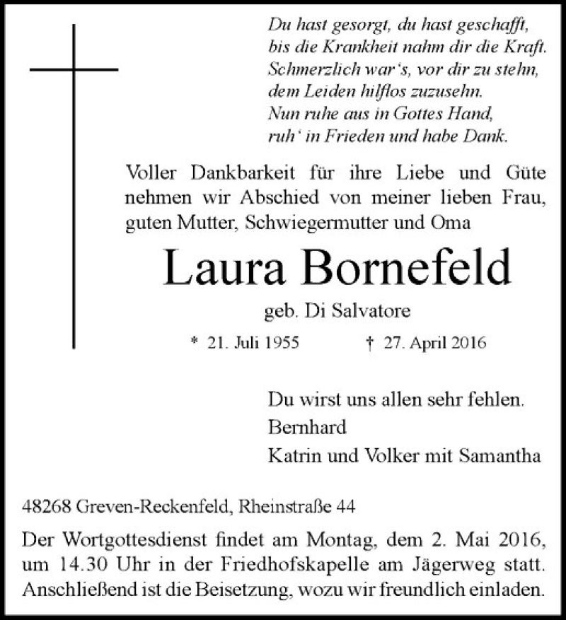  Traueranzeige für Laura Bornefeld vom 30.04.2016 aus Westfälische Nachrichten