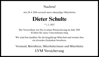 Anzeige von Dieter Schulte von Westfälische Nachrichten