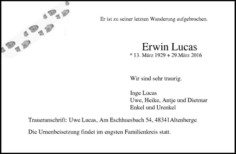  Traueranzeige für Erwin Lucas vom 02.04.2016 aus Westfälische Nachrichten