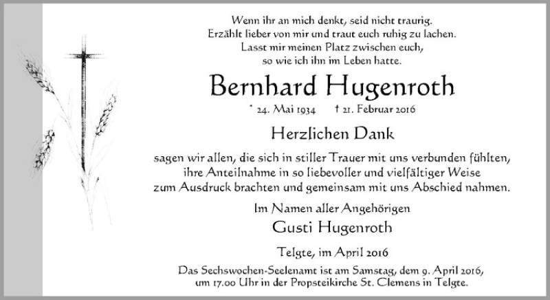  Traueranzeige für Bernhard Hugenroth vom 02.04.2016 aus Westfälische Nachrichten
