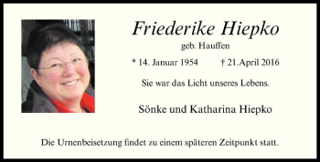 Anzeige von Friederike Hiepko von Westfälische Nachrichten