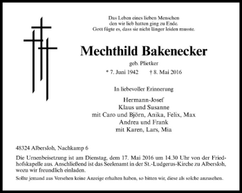 Anzeige von Mechthild Bakenecker von Westfälische Nachrichten