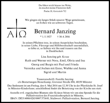 Anzeige von Bernard Janzing von Westfälische Nachrichten