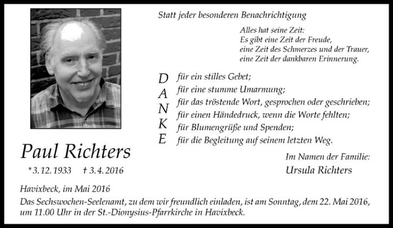  Traueranzeige für Paul Richters vom 18.05.2016 aus Westfälische Nachrichten