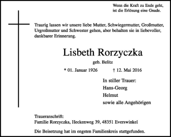 Anzeige von Lisbeth Rorzyczka von Westfälische Nachrichten