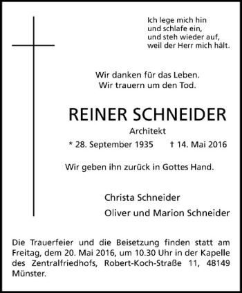 Anzeige von Reiner Schneider von Westfälische Nachrichten
