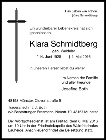 Anzeige von Klara Schmidtberg von Westfälische Nachrichten