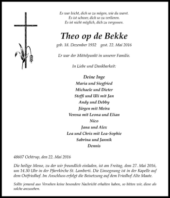 Anzeige von Theo op de Bekke von Westfälische Nachrichten