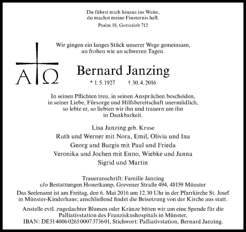  Traueranzeige für Bernard Janzing vom 03.05.2016 aus Westfälische Nachrichten