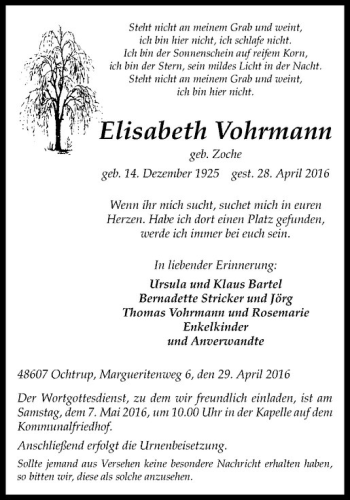 Anzeige von Elisabeth Vohrmann von Westfälische Nachrichten
