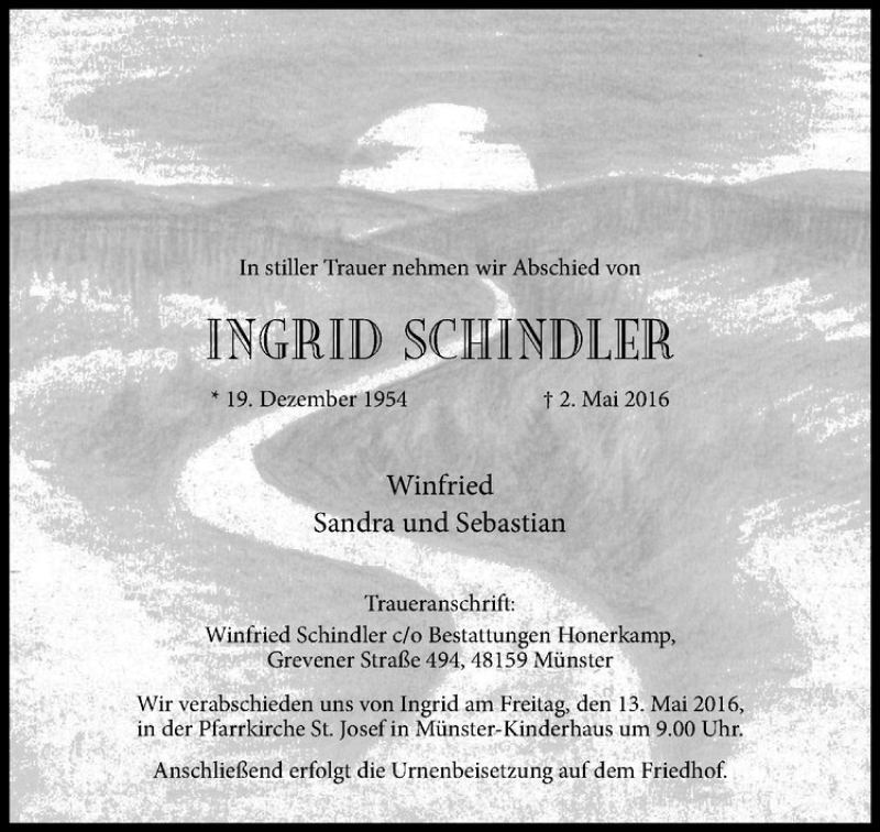  Traueranzeige für Ingrid Schindler vom 07.05.2016 aus Westfälische Nachrichten