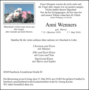 Anzeige von Anni Wenners von Westfälische Nachrichten