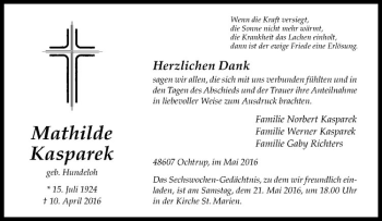 Anzeige von Mathilde Kasparek von Westfälische Nachrichten