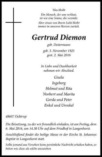 Anzeige von Gertrud Diemon von Westfälische Nachrichten