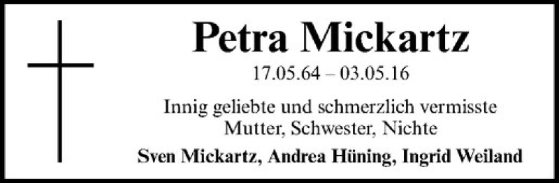  Traueranzeige für Petra Mickartz vom 11.05.2016 aus Westfälische Nachrichten